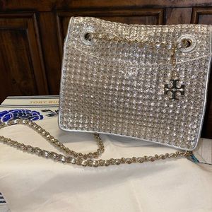 Tory Burch Metallic Silver Fleming Medium Crossbody/Shoulder Convertible Bag